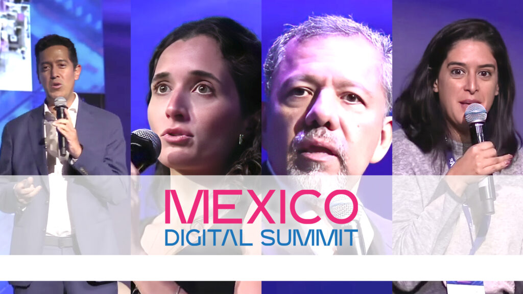 Collage del Mexico Digital Summit 2023: participantes, oradores en el escenario, y asistentes en sesiones de networking. Logo de SOCIUM destacado, simbolizando nuestra participación activa en el evento en curso